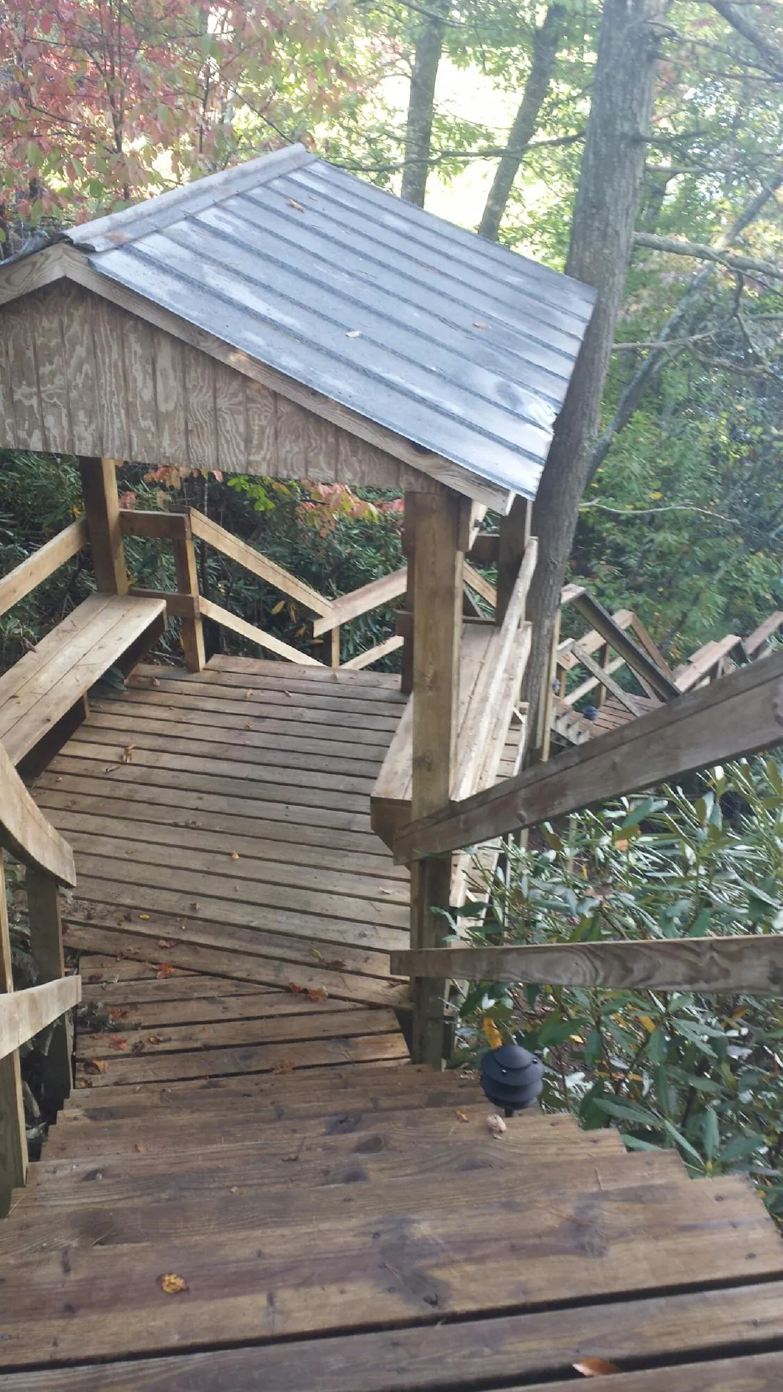 Metal roofed shelter over wooden steps on a wooded walkway — Skylight Repair & Installation work by our crew in Moreno Valley